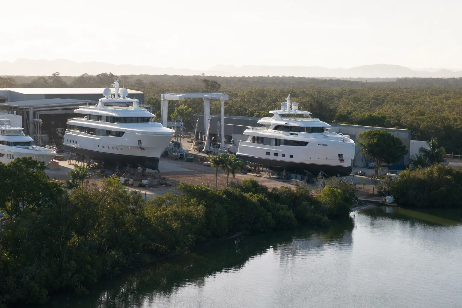 Superyachts standing on the hard in a Gold Coast refit yard beside a mangrove river at first light
