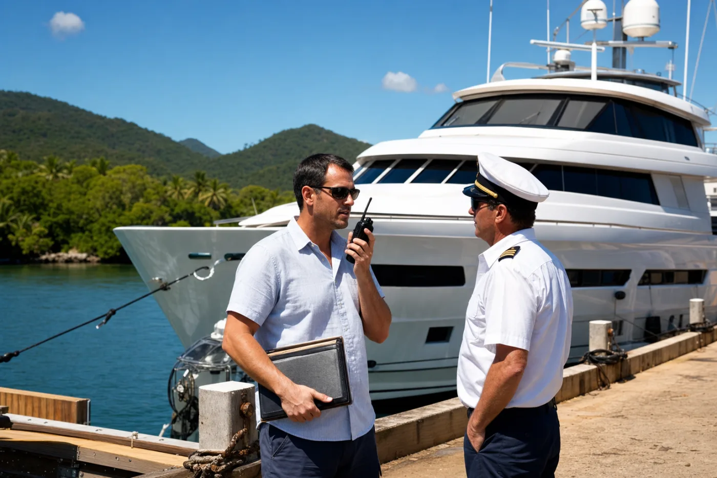 A yacht agent and a captain talking on a tropical wharf in north Queensland